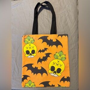 Orange Tote Bag with Pineapple Skulls and Bats Spooky Cute Halloween